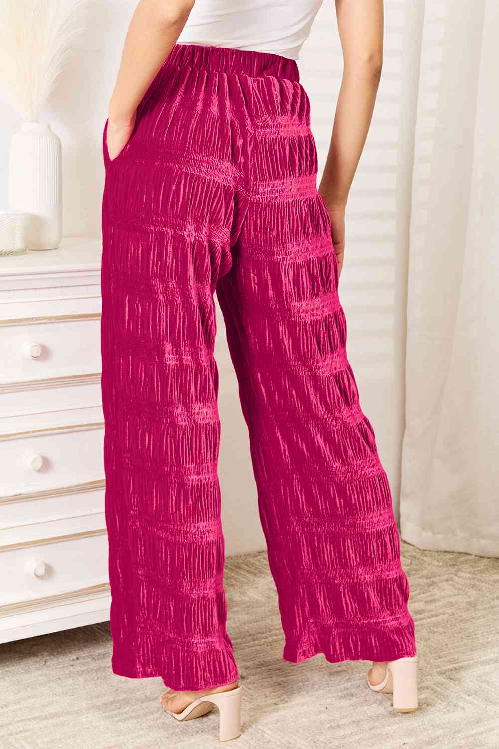 Double Take Rose Velvet High Waist Tiered Shirring Velvet Wide Leg Pants