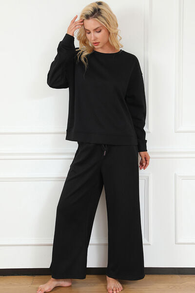 Double Take Let's Slow Down Textured Long Sleeve Top and Drawstring Pants Set