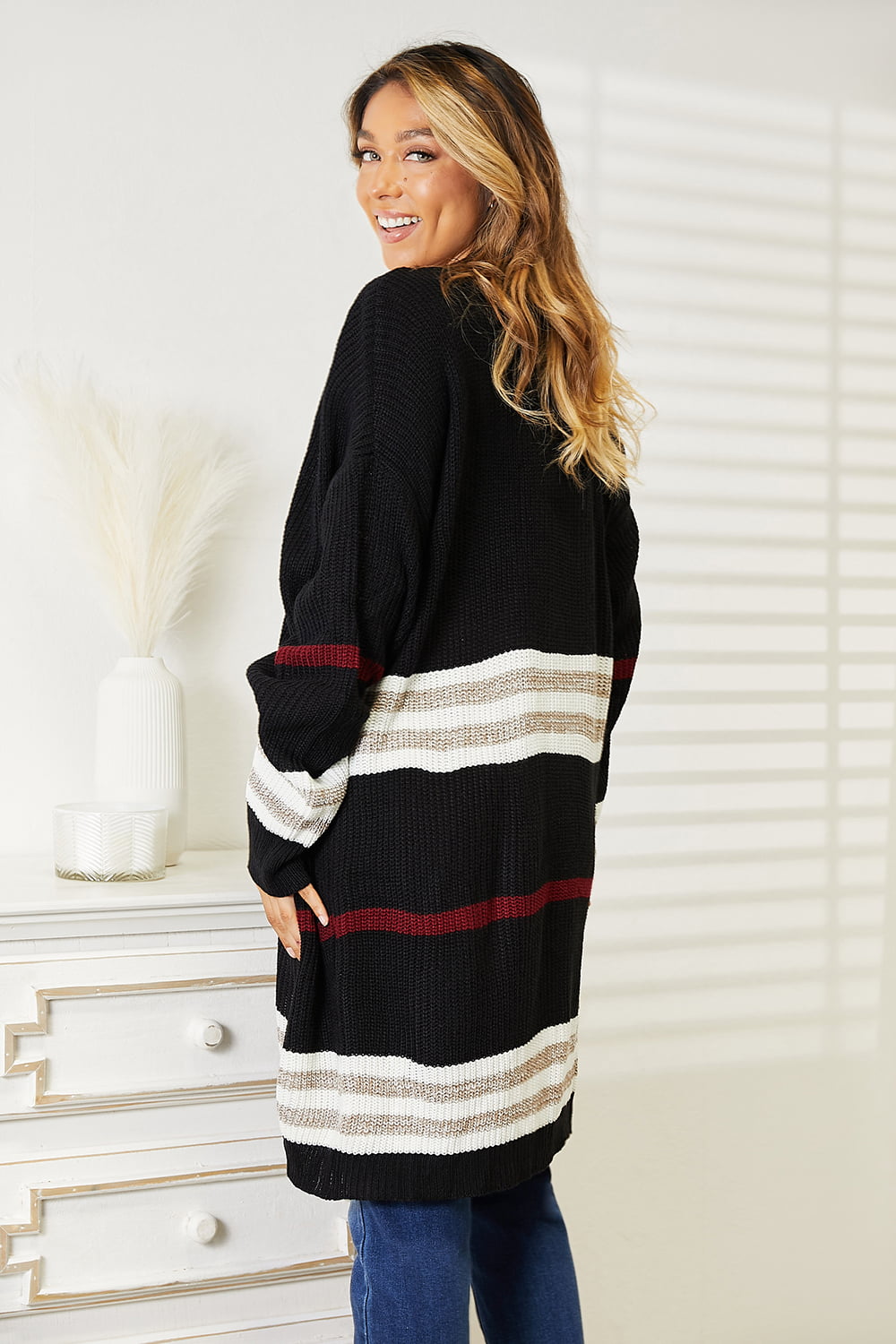 Double Take Breezy Days Striped Rib-Knit Open Front Cardigan