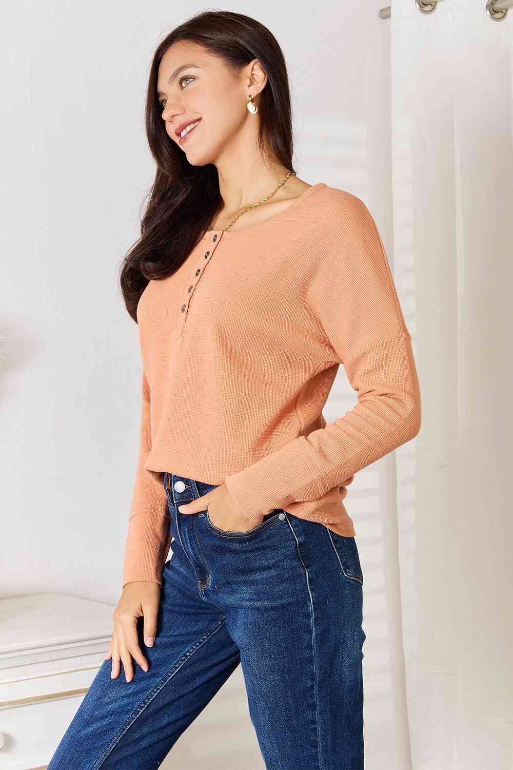 Basic Bae Pumpkin Patch Half Button Long Sleeve Top