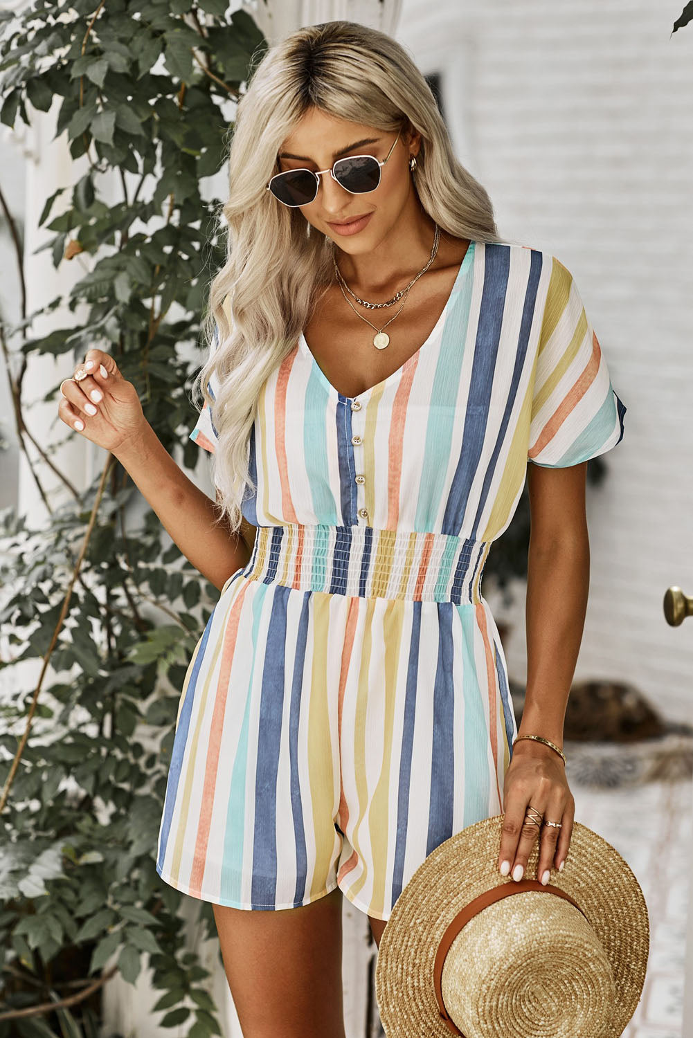 Stripes on Stripes Multicolored Stripe V-Neck Smocked Waist Romper