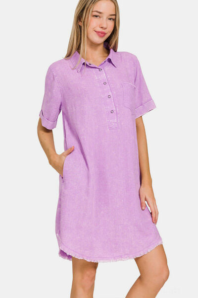 Zenana Here Comes The Sun Washed Linen Raw Hem Dress with Pockets