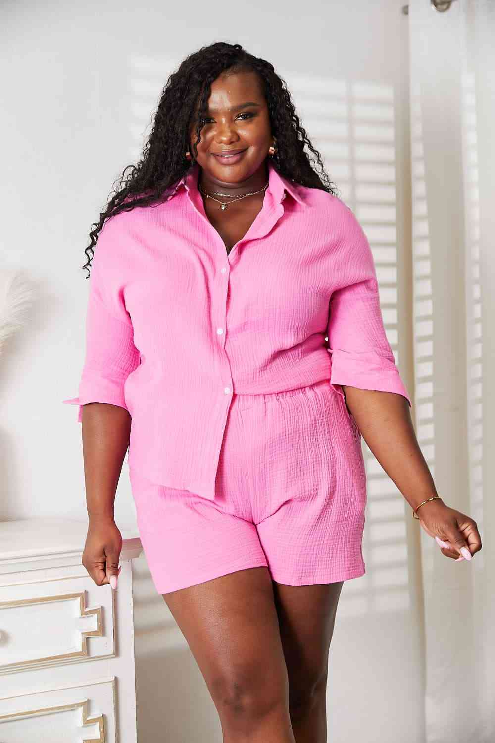 Double Take Think Pink Textured Shirt and Elastic Waist Shorts Set