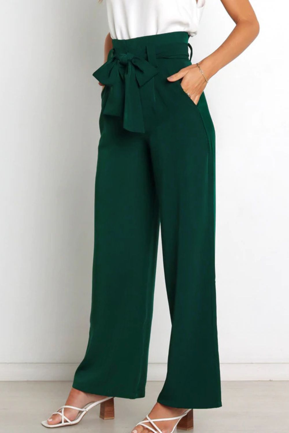 Office Chic Tie Front Wide Paperbag Waist Leg Pants