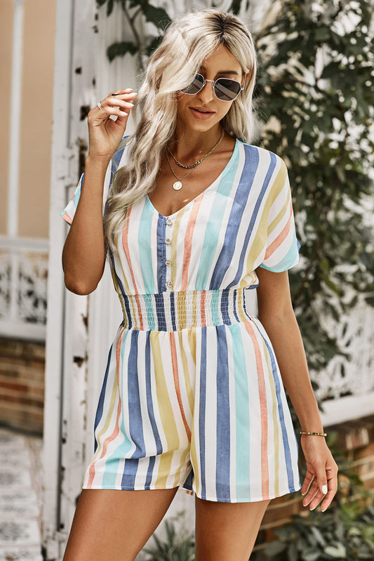 Stripes on Stripes Multicolored Stripe V-Neck Smocked Waist Romper