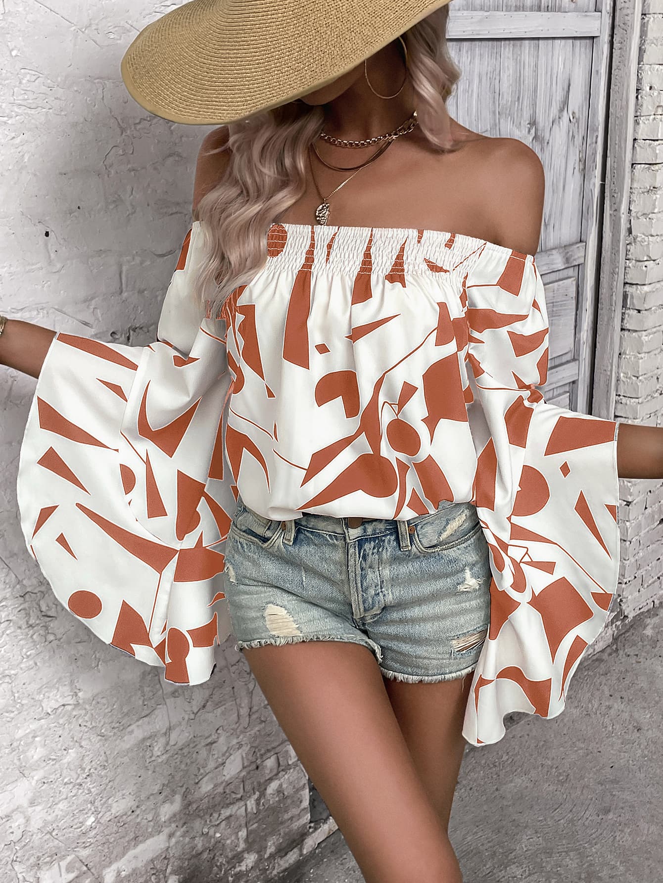 Take Me Dancing Printed Off-Shoulder Bell Sleeve Blouse