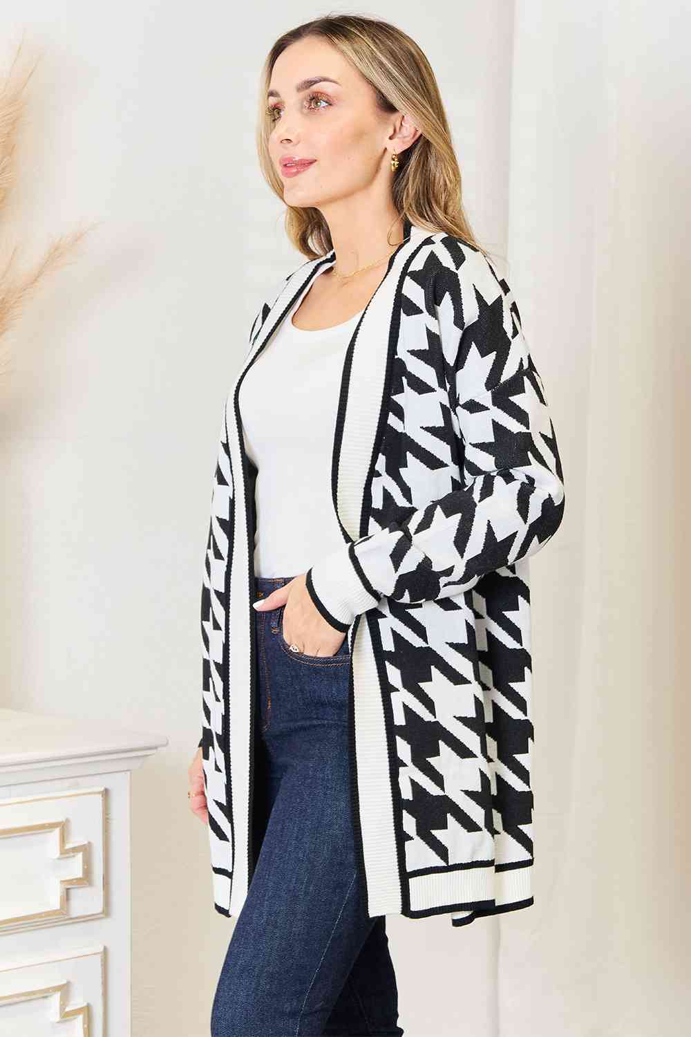 Woven Right Never Fades Houndstooth Open Front Longline Cardigan