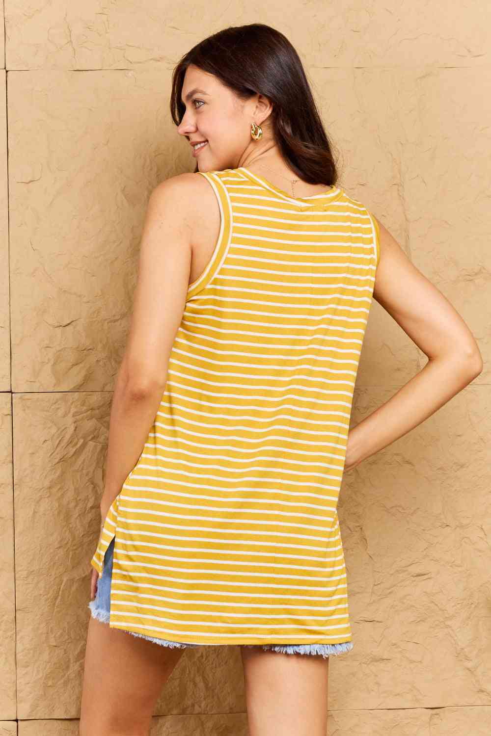 Doublju Talk To Me Striped Sleeveless V-Neck Top in Yellow Gold