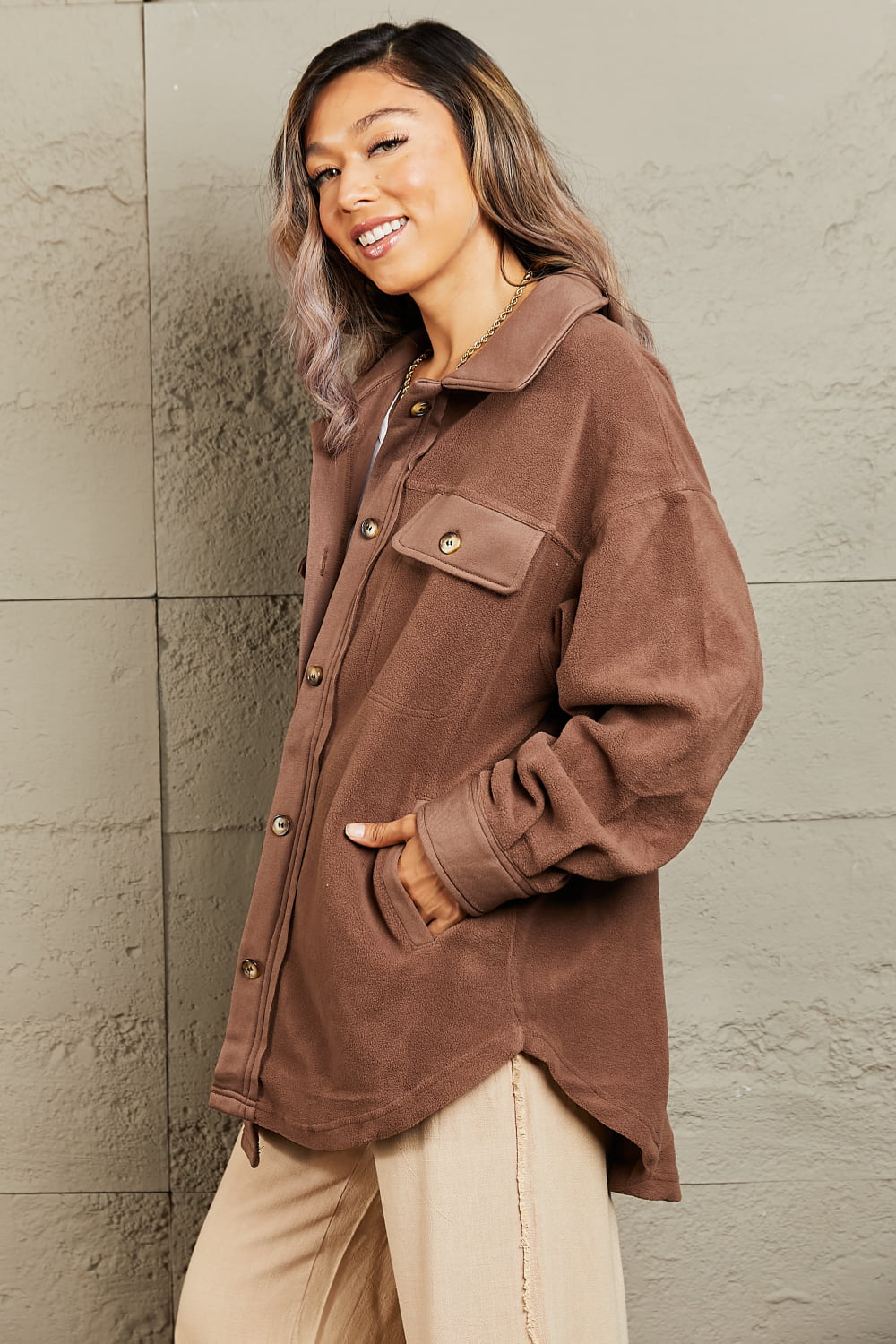 Heimish Cozy Girl Button Down Shacket in Coffee Brown