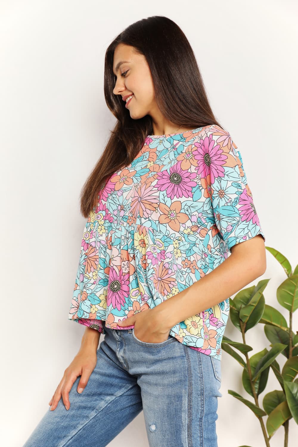 Double Take Sweet Air Floral Round Neck Babydoll Top