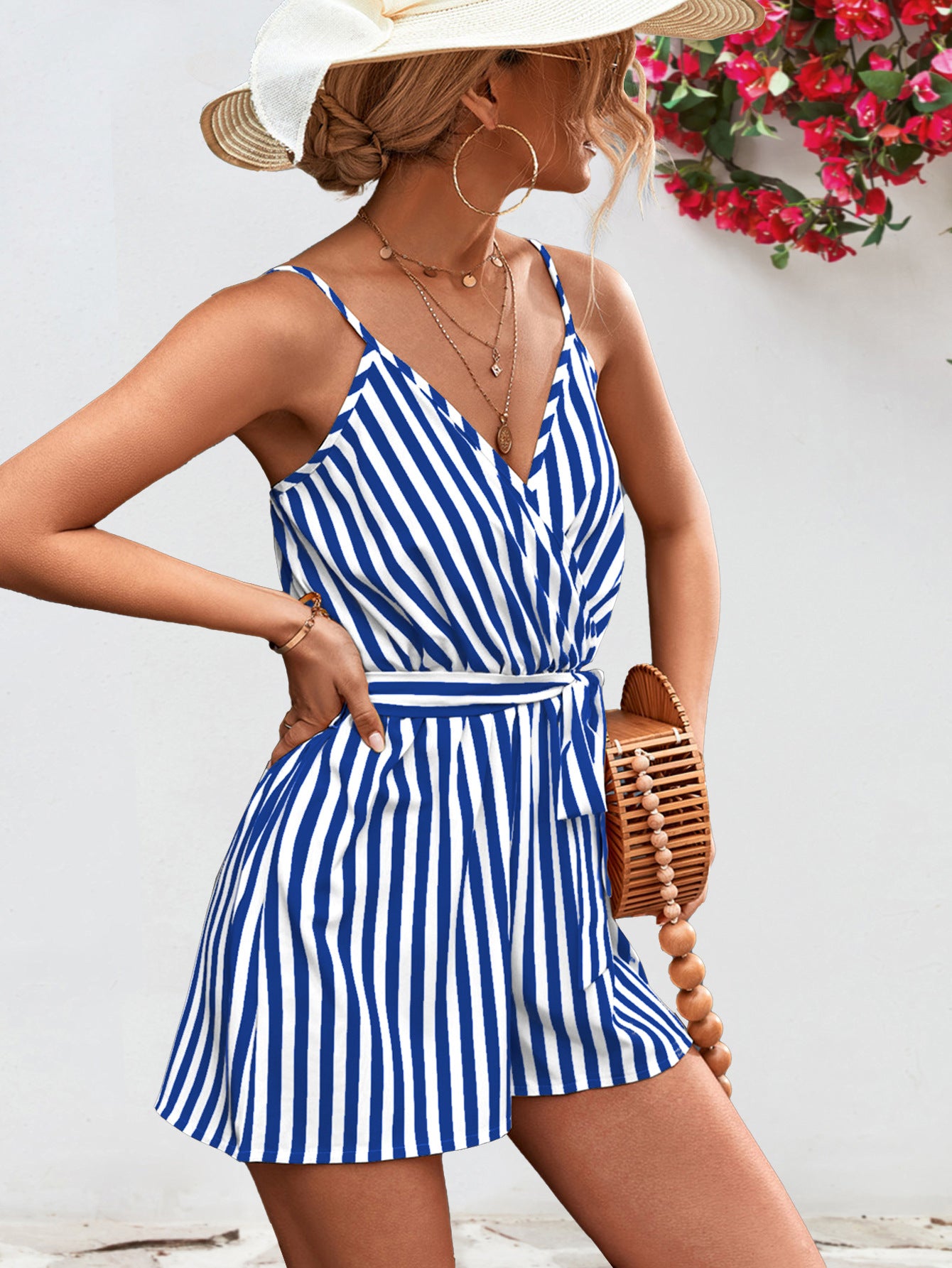 Waves of Color Striped Tie Waist Spaghetti Strap Romper