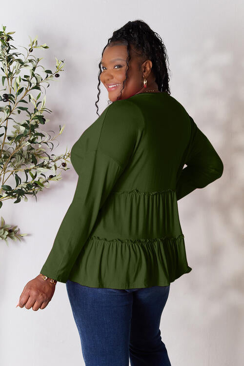 Double Take Cute and Powerful Half Button Long Sleeve Ruffle Hem Blouse