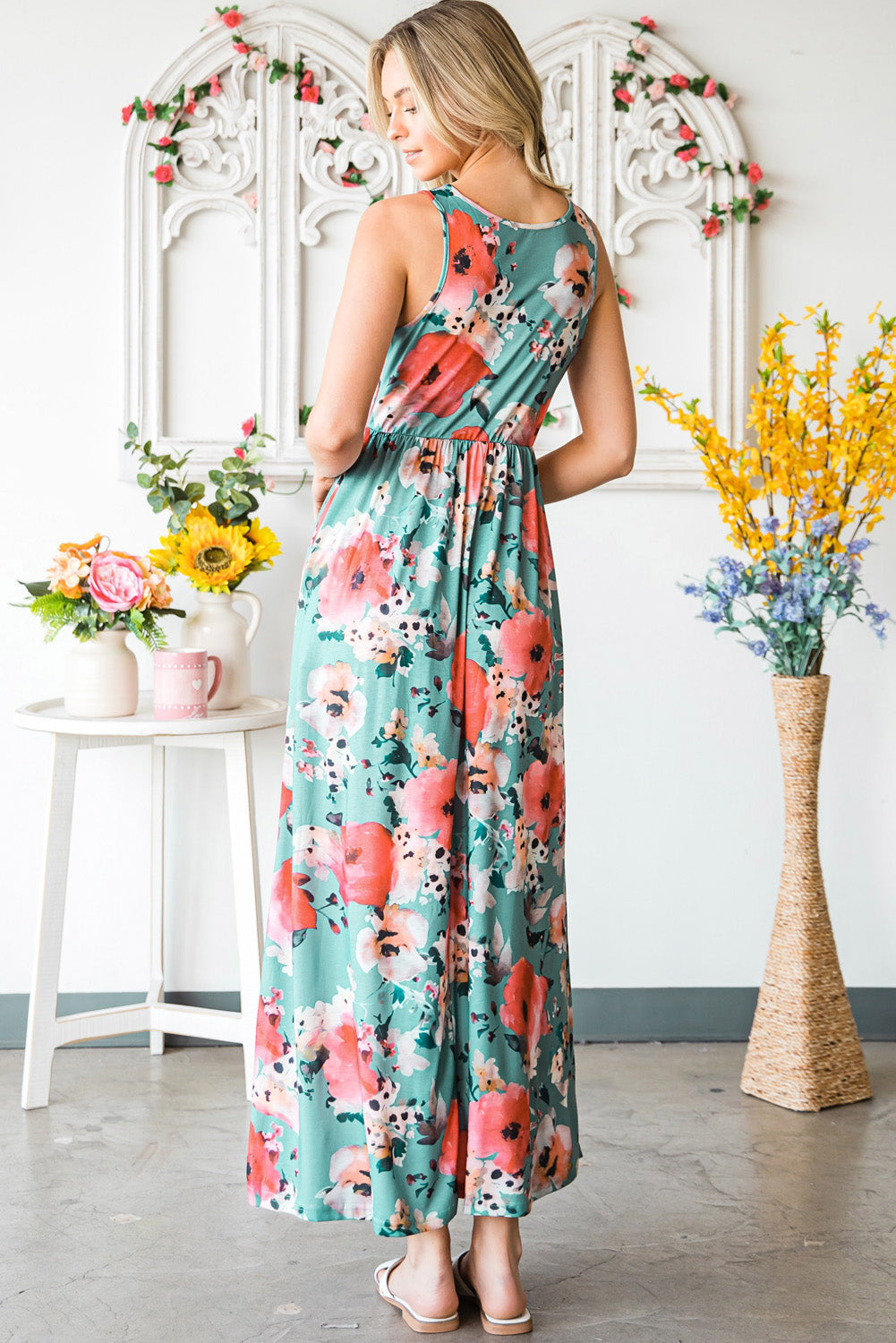 Mint To Be Floral Sleeveless Maxi Dress with Pockets