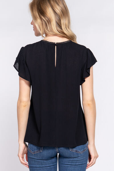 ACTIVE BASIC Catches The Eye Ruffle Short Sleeve Crochet Blouse in Black