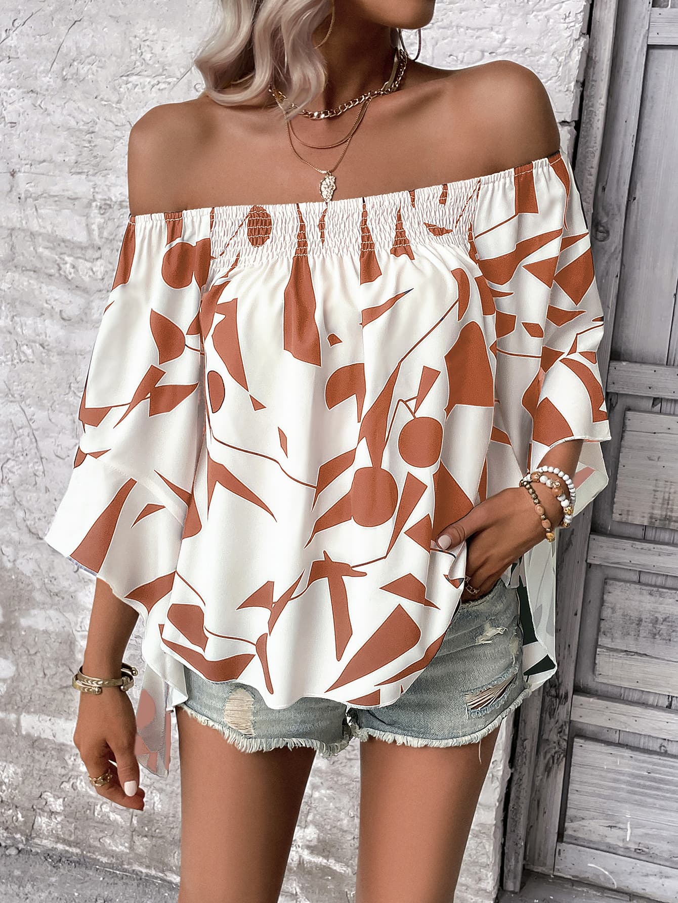 Take Me Dancing Printed Off-Shoulder Bell Sleeve Blouse