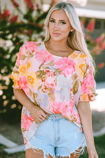 Pink Sunrise Floral Round Neck Three-Quarter Sleeve Top