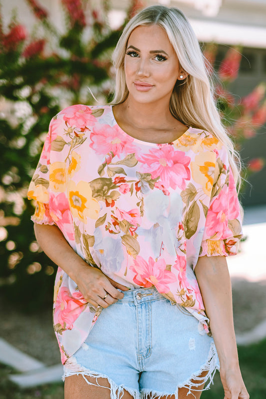 Pink Sunrise Floral Round Neck Three-Quarter Sleeve Top