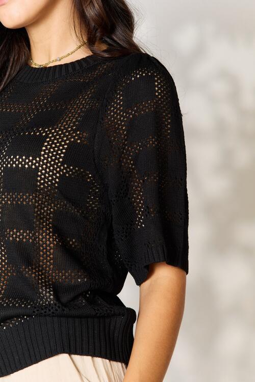 Double Take 'Til I Walk In Ribbed Trim Knit Top in Black