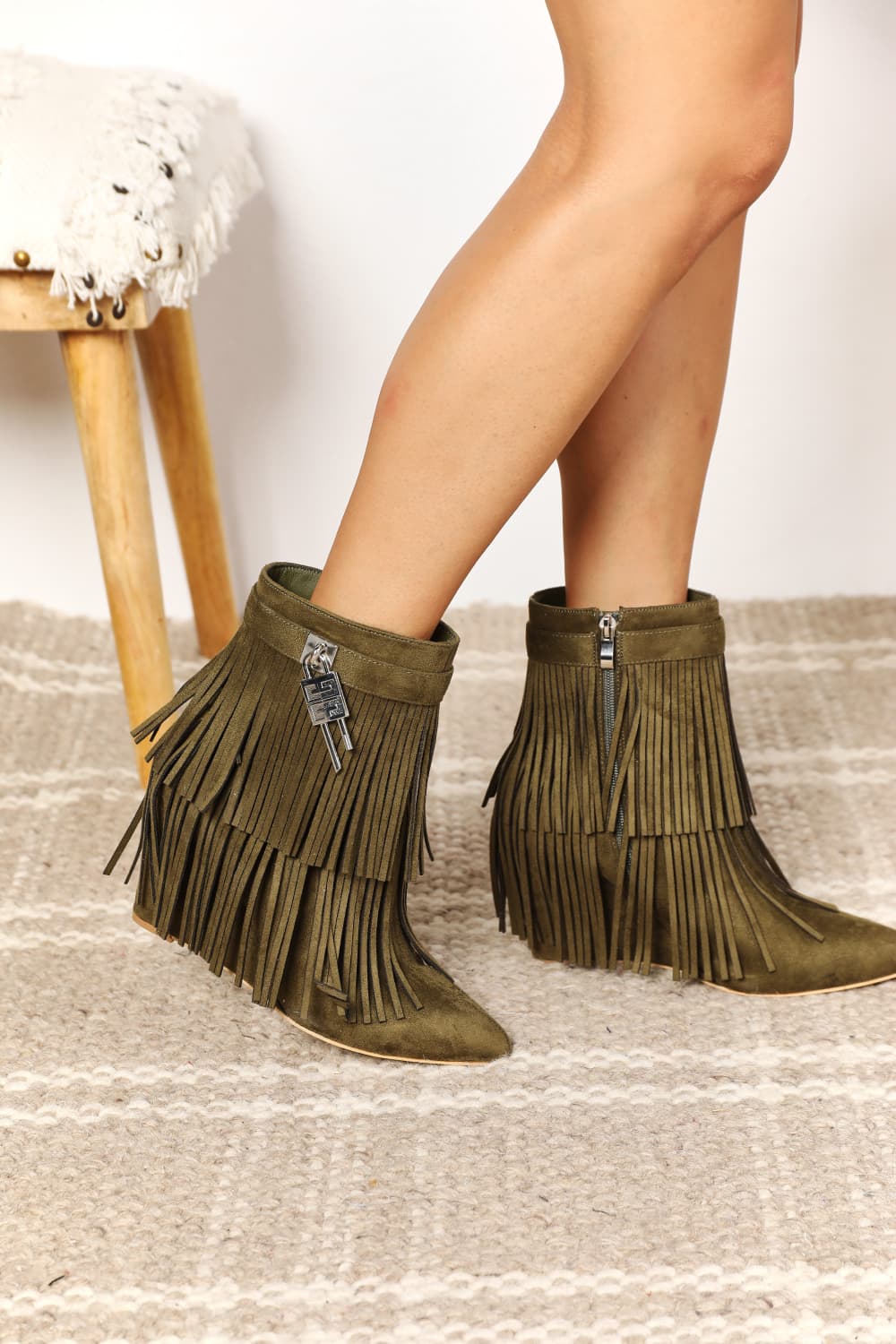 Legend Tassel Wedge Heel Ankle Booties in Olive