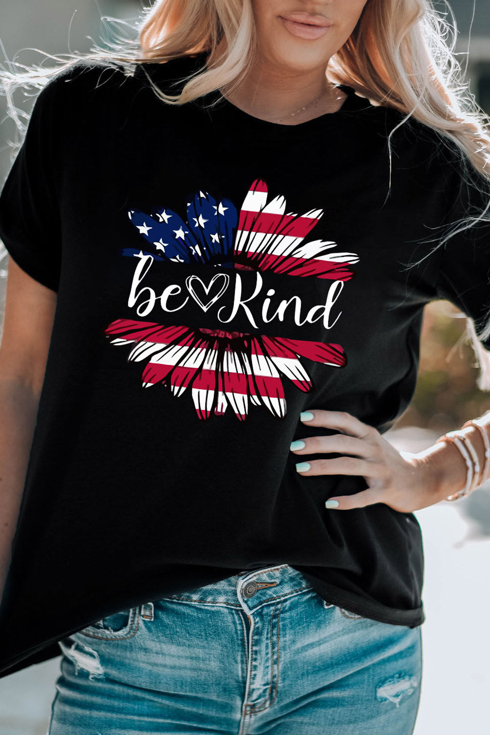 be Kind Flower US Flag Graphic Round Neck Tee