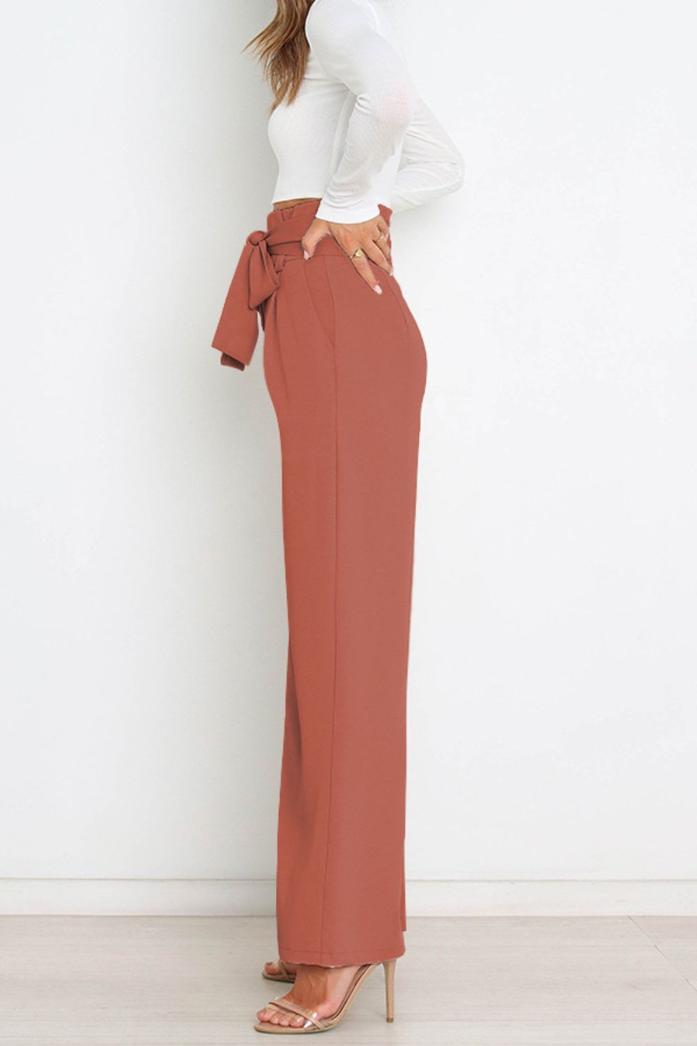 Office Chic Tie Front Wide Paperbag Waist Leg Pants