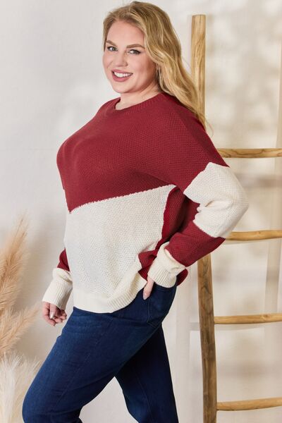 Hailey & Co You Are The Canvas Color Block Dropped Shoulder Knit Top in Red