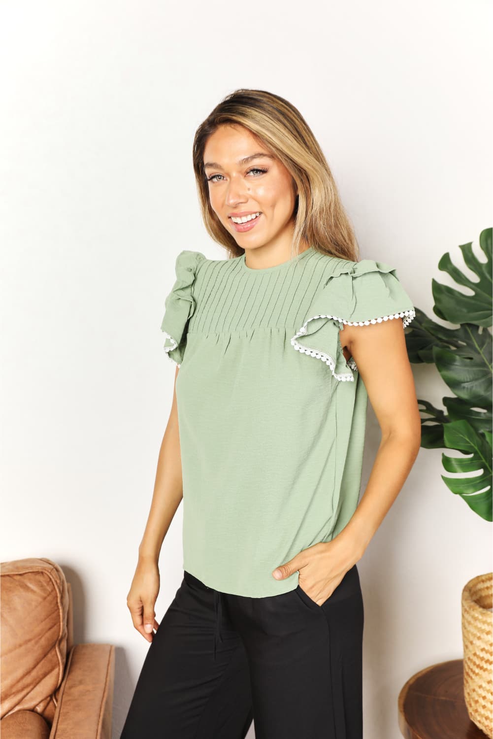 Double Take Green Light Pleated Detail Flutter Sleeve Blouse