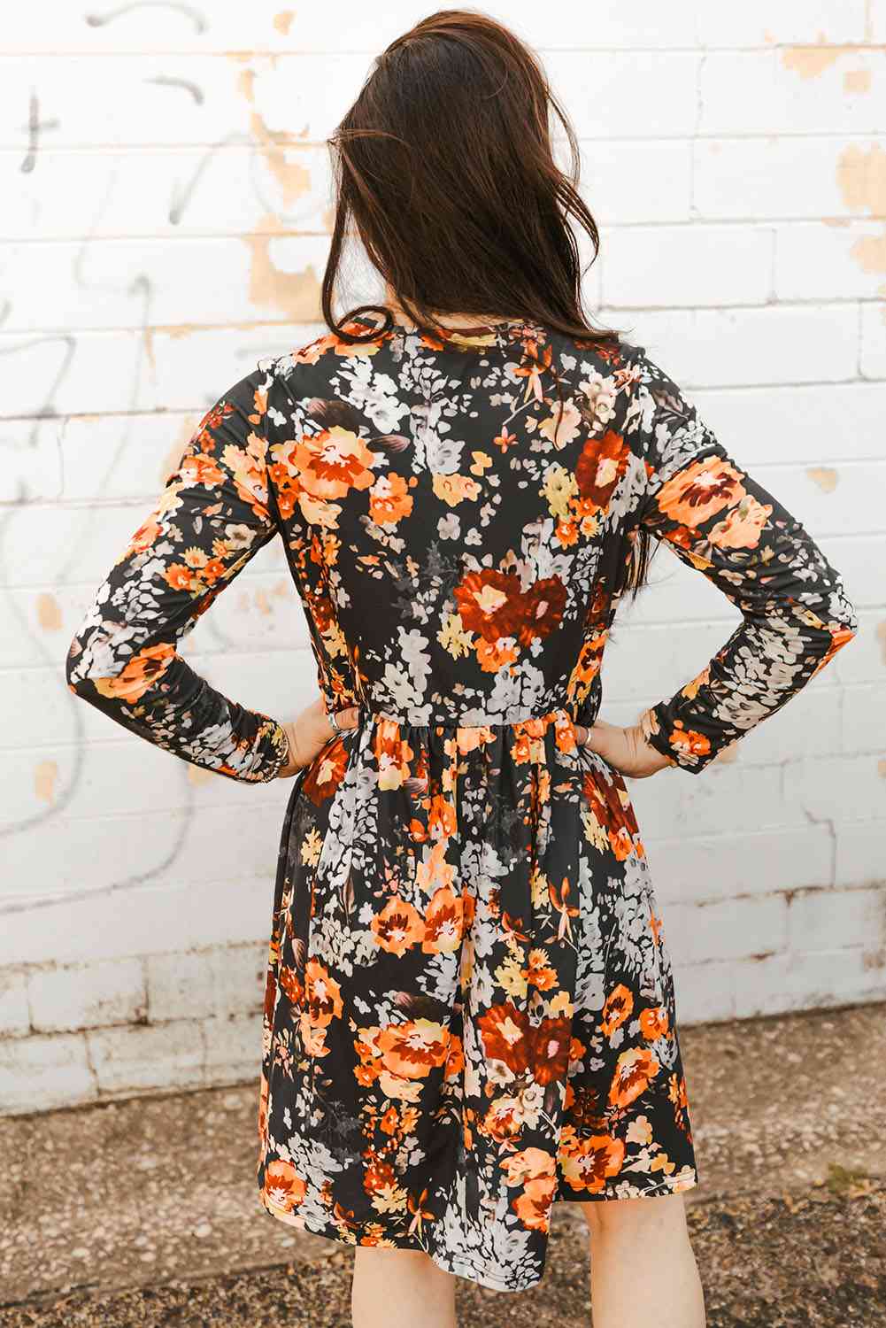Sunshine Sweetheart Floral Print Long Sleeve Dress in Dark Grey