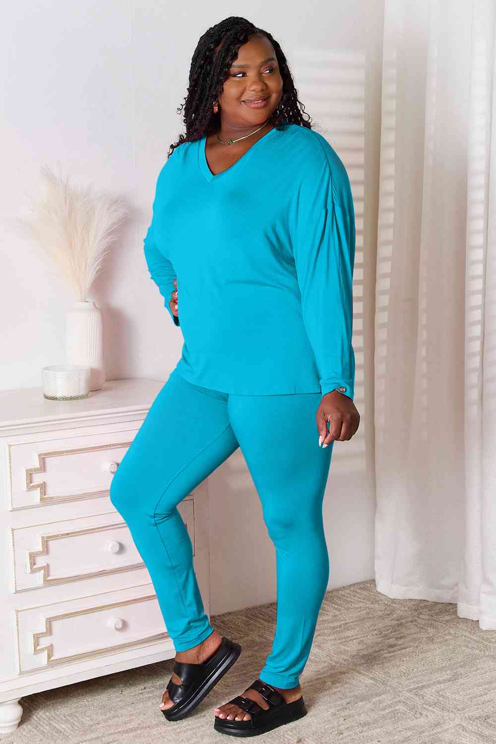 Basic Bae Ready To Unwind V-Neck Soft Rayon Long Sleeve Top and Pants Lounge Set