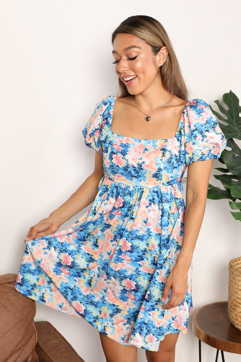 Double Take Let's Laugh Floral Square Neck Puff Sleeve Dress