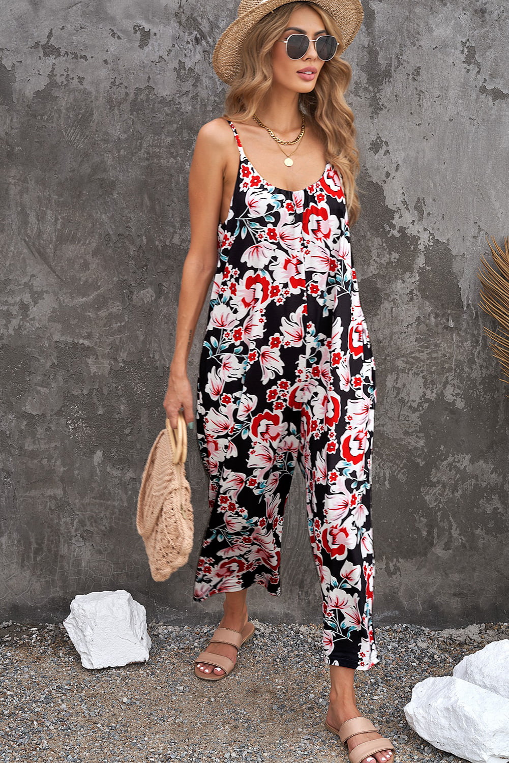 Vacation Mode On Botanical Print Spaghetti Strap Cropped Jumpsuit