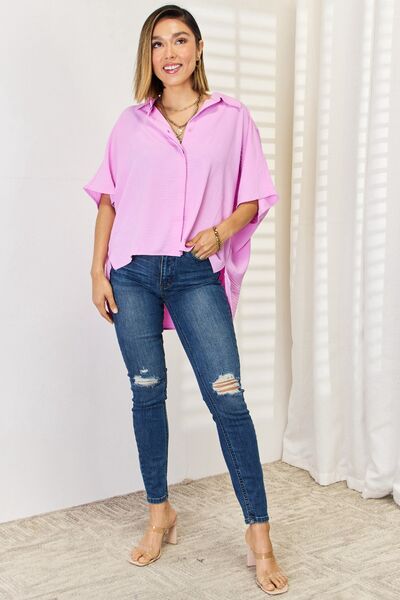 Zenana Highs and Lows Texture Button Up Short Sleeve High-Low Shirt