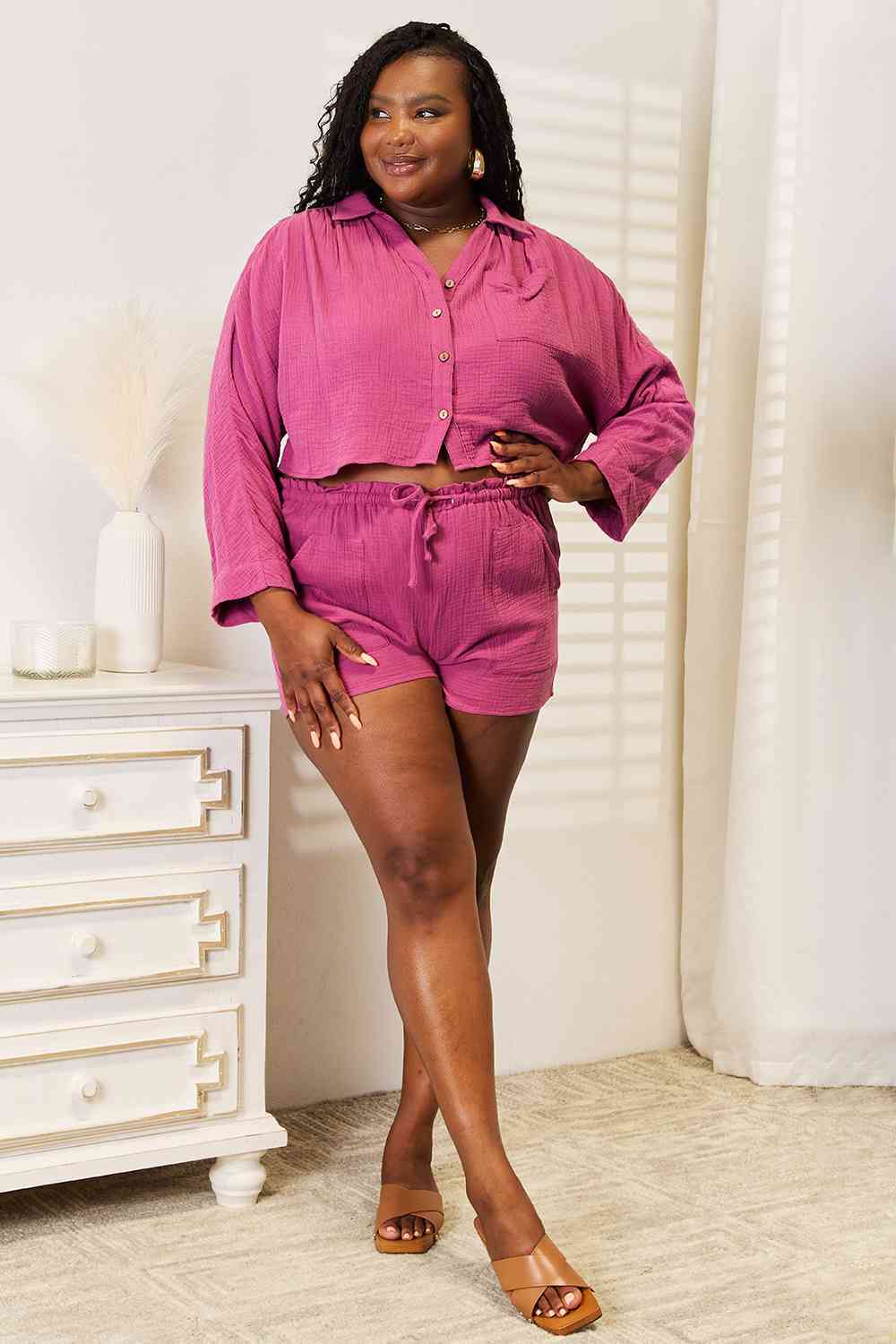 Basic Bae Refresh and Repeat Buttoned Long Sleeve Top and Shorts Set