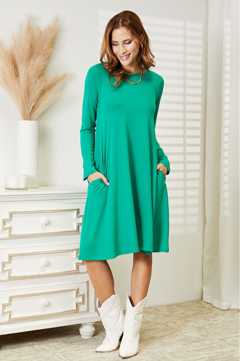 Zenana Teal-Quila Sunrise Long Sleeve Flare Dress with Pockets