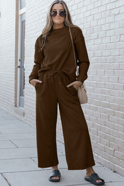 Double Take Let's Slow Down Textured Long Sleeve Top and Drawstring Pants Set