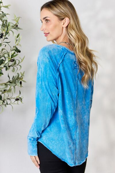 Zenana Smitten Long Sleeve Top with Thumbhole Sleeves in Ocean Blue