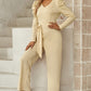 Wife Mom Boss Belted Long Puff Sleeve V-Neck Jumpsuit