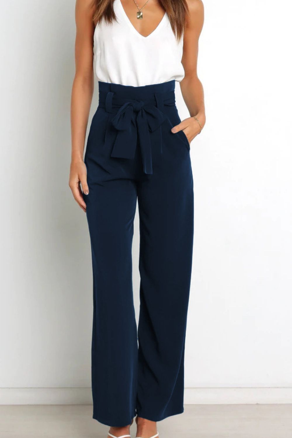 Office Chic Tie Front Wide Paperbag Waist Leg Pants