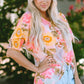 Pink Sunrise Floral Round Neck Three-Quarter Sleeve Top
