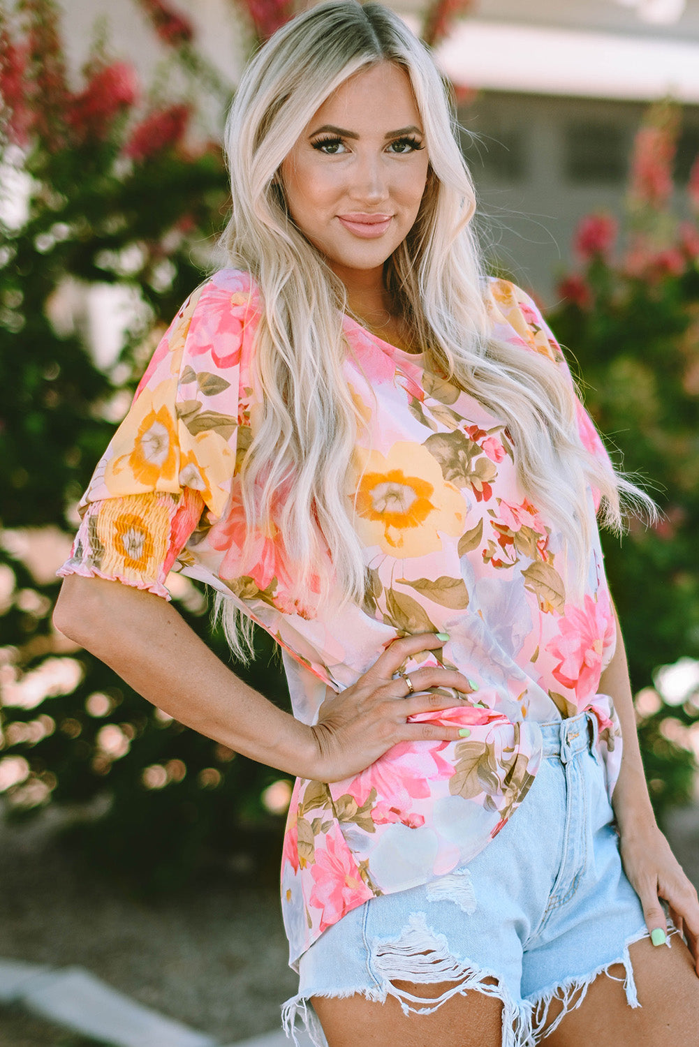 Pink Sunrise Floral Round Neck Three-Quarter Sleeve Top