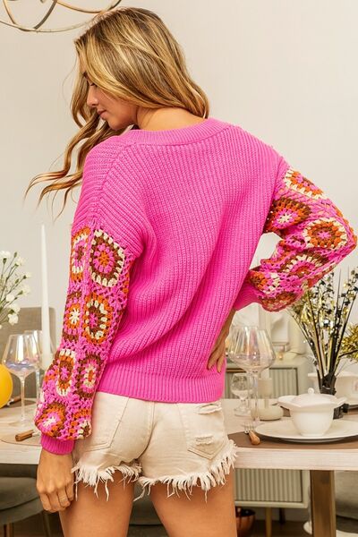 BiBi Blushing Beauty V-Neck Crochet Long Sleeve Sweater