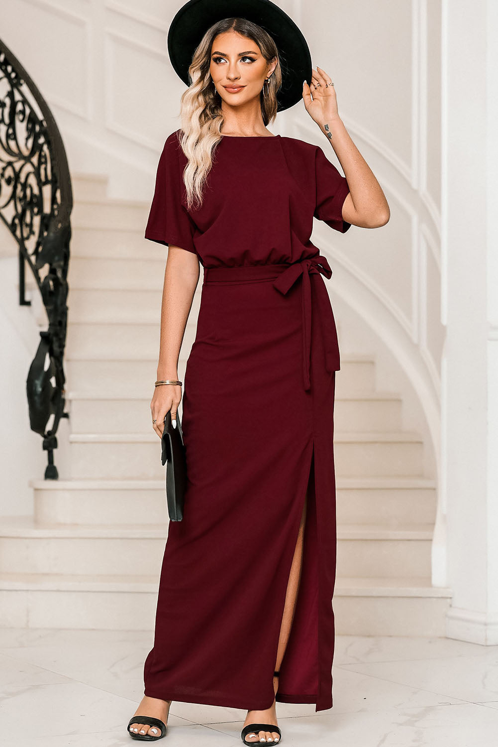 Evening Goddess Belted Detail Split Round Neck Dress