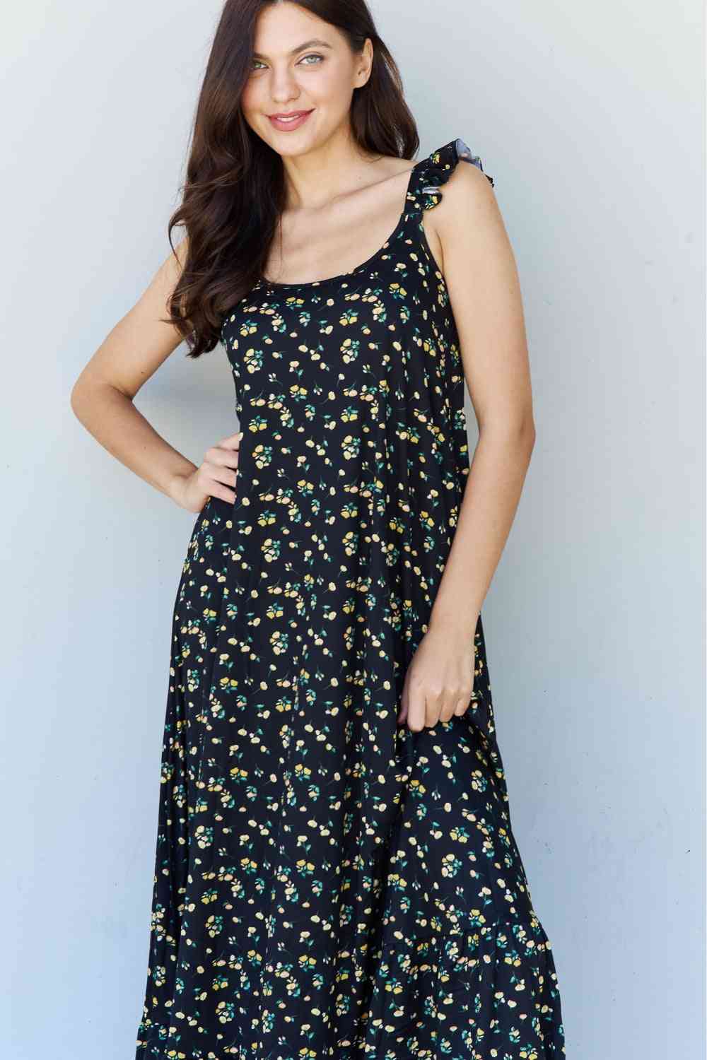 Doublju In The Garden Floral Ruffle Maxi Dress in Black Yellow Floral