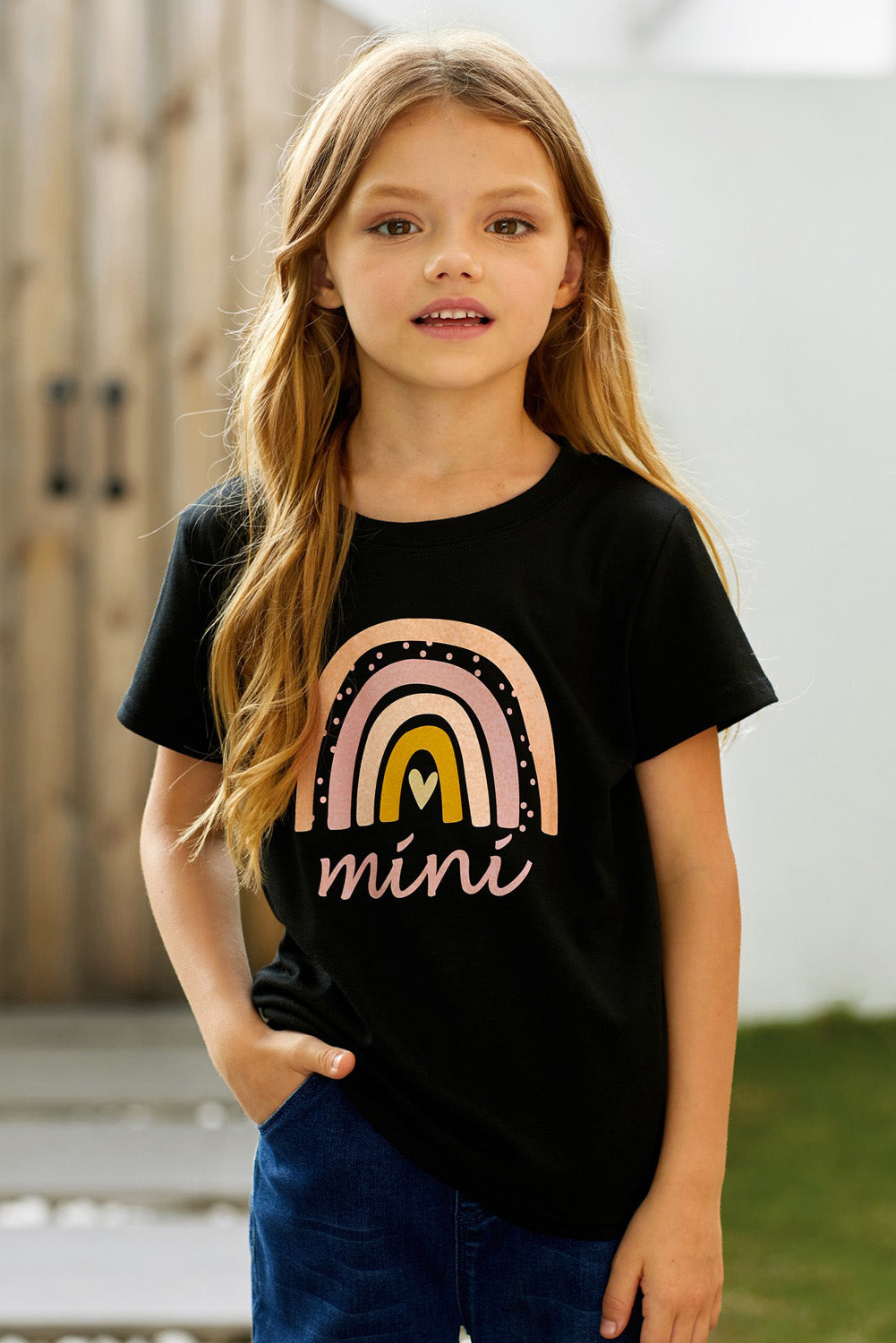 Mama's Mini Rainbow Round Neck Girls Graphic Tee Shirt