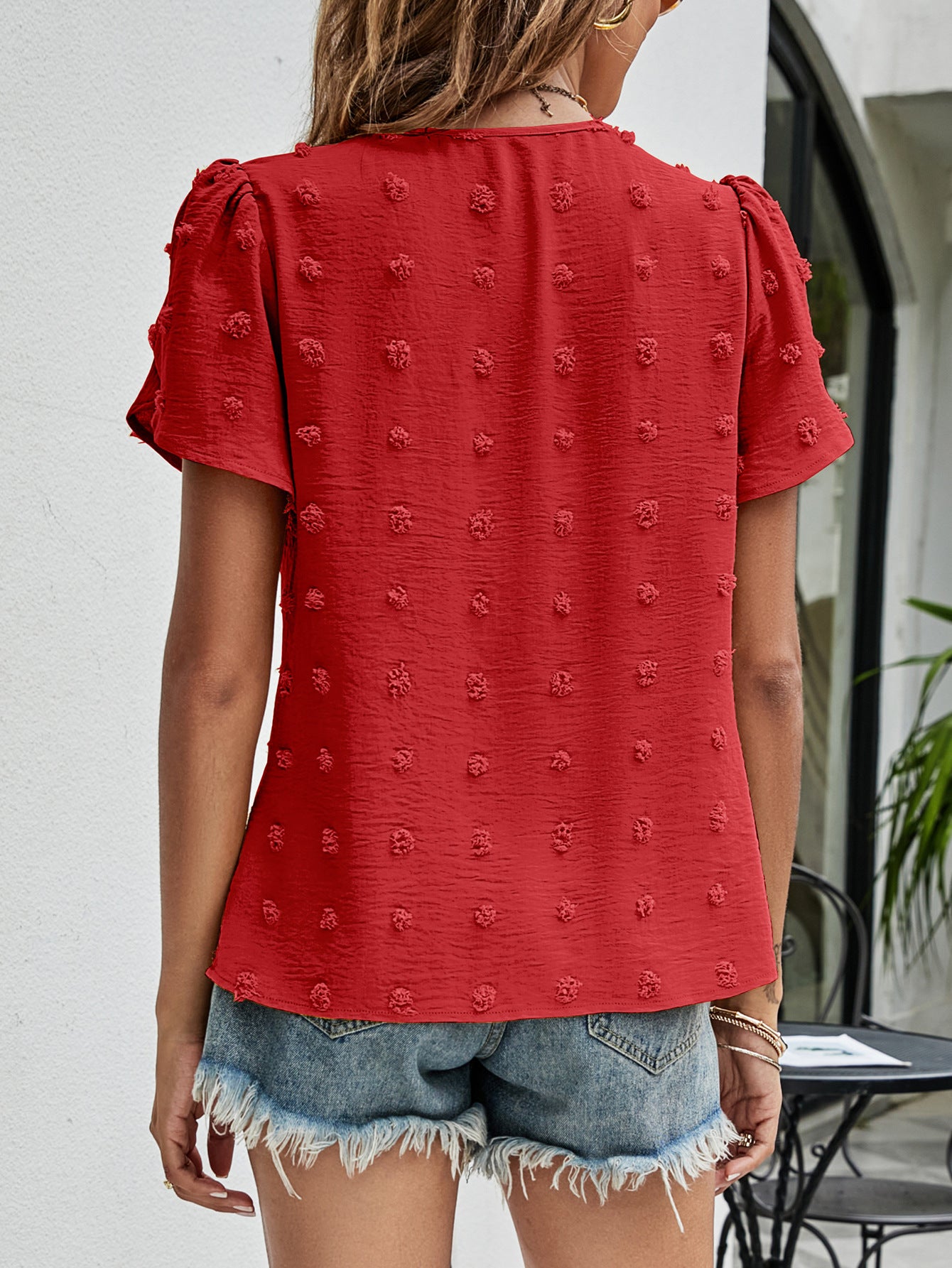 Wildly Bloom Swiss Dot Round Neck Petal Sleeve Top