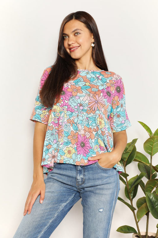 Double Take Sweet Air Floral Round Neck Babydoll Top