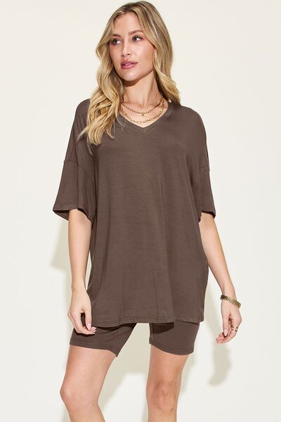 Basic Bae In The Moment V-Neck Drop Shoulder Short Sleeve T-Shirt and Shorts Set