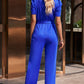 Wife Mom Boss Belted Puff Sleeve V-Neck Jumpsuit in Royal Blue