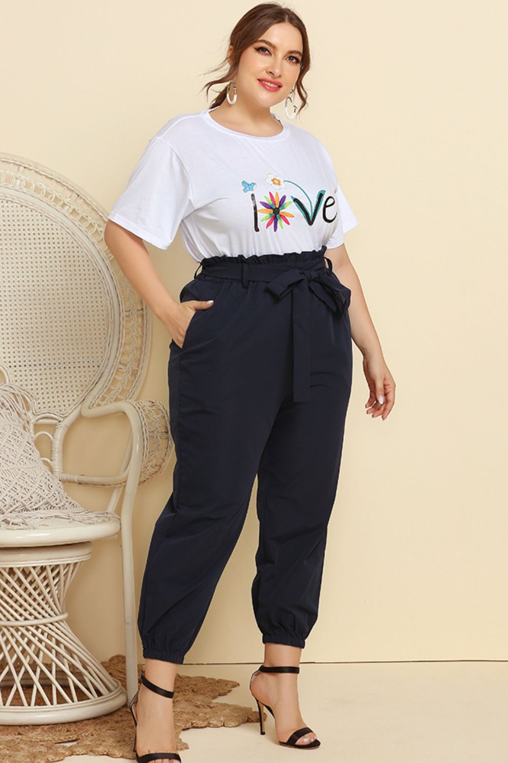 Love Is Blooming Graphic Tee and Belted Paperbag Joggers Set with Pockets