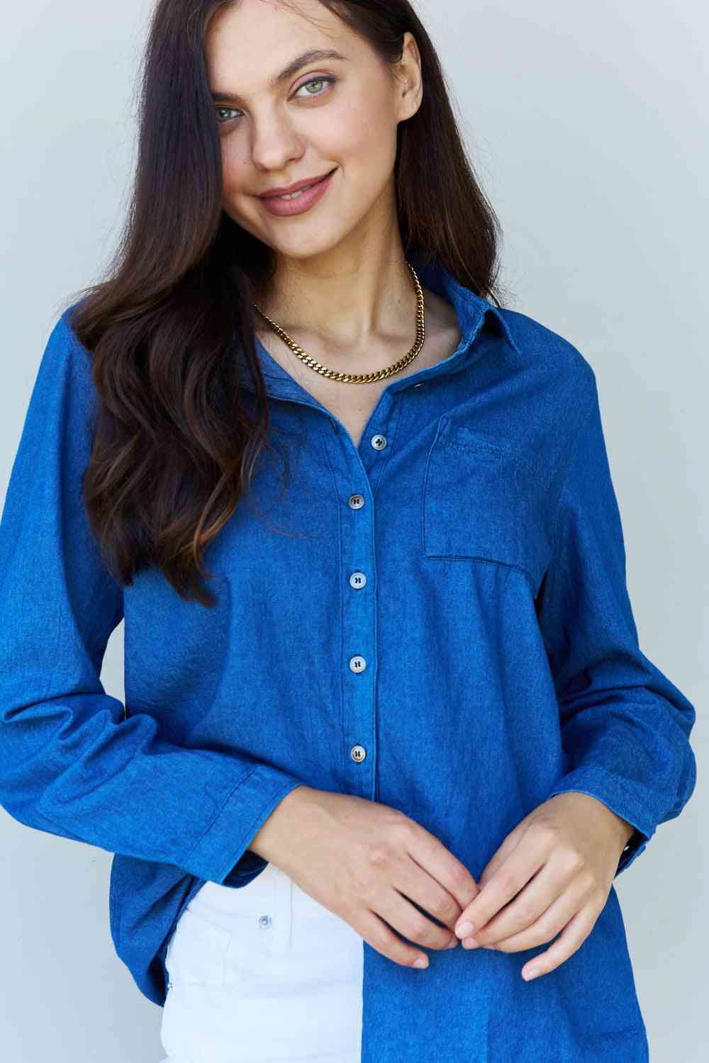 Doublju Blue Jean Baby Denim Button Down Shirt in Dark Blue